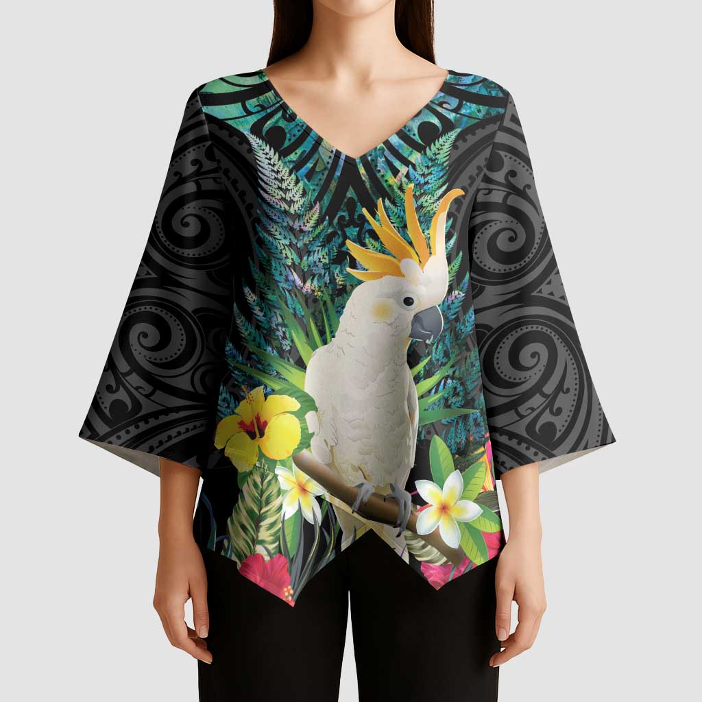 Sulphur-crested Cockatoo New Zealand Kimono Sleeve Blouse Paua Shell Aotearoa Maori Tropical Flowers - Aussie Hoodie