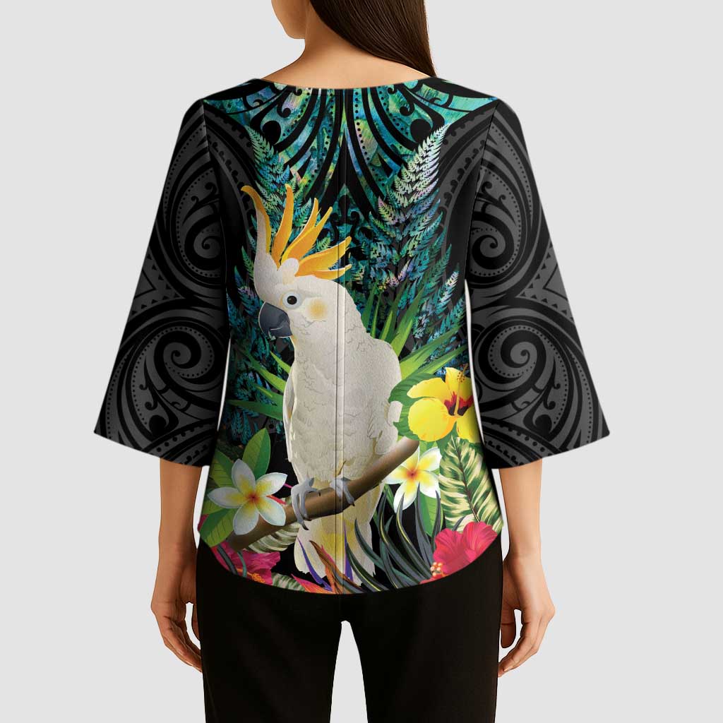 Sulphur-crested Cockatoo New Zealand Kimono Sleeve Blouse Paua Shell Aotearoa Maori Tropical Flowers - Aussie Hoodie