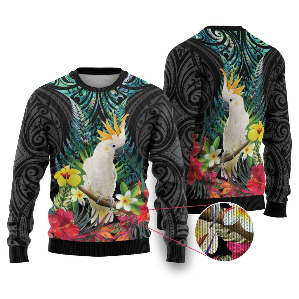 Sulphur-crested Cockatoo New Zealand Ugly Christmas Sweater Paua Shell Aotearoa Maori Tropical Flowers - Aussie Hoodie