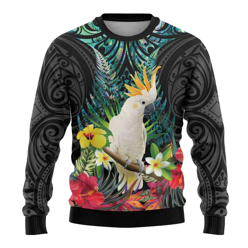 Sulphur-crested Cockatoo New Zealand Ugly Christmas Sweater Paua Shell Aotearoa Maori Tropical Flowers - Aussie Hoodie