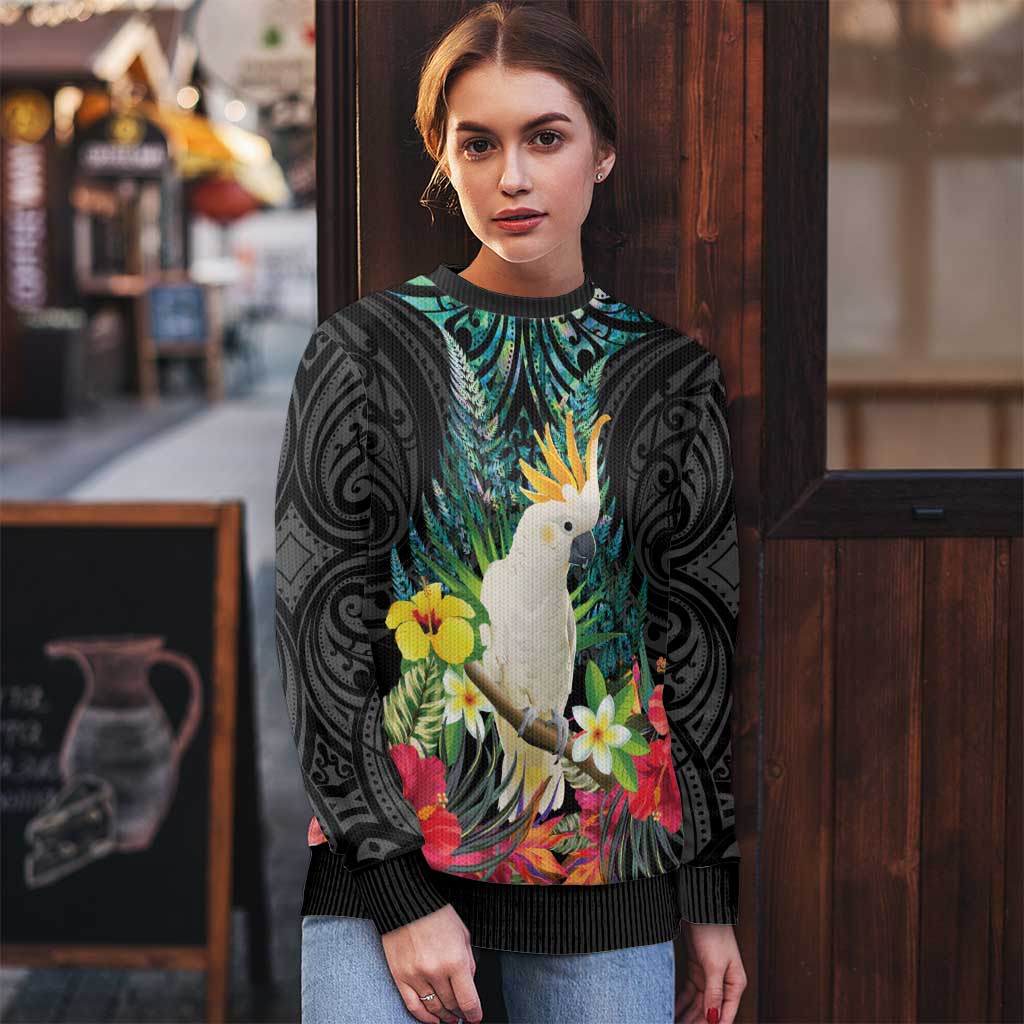 Sulphur-crested Cockatoo New Zealand Ugly Christmas Sweater Paua Shell Aotearoa Maori Tropical Flowers - Aussie Hoodie