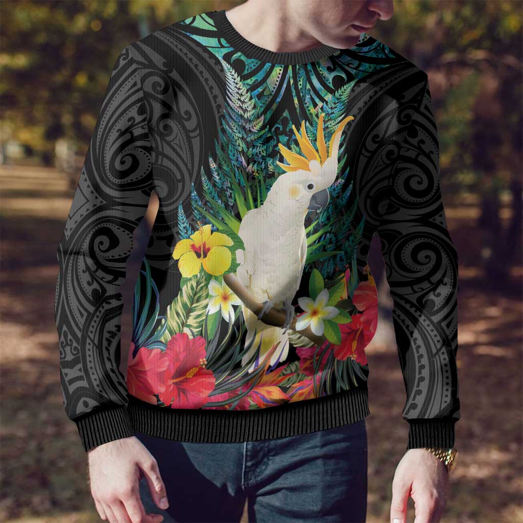 Sulphur-crested Cockatoo New Zealand Ugly Christmas Sweater Paua Shell Aotearoa Maori Tropical Flowers - Aussie Hoodie