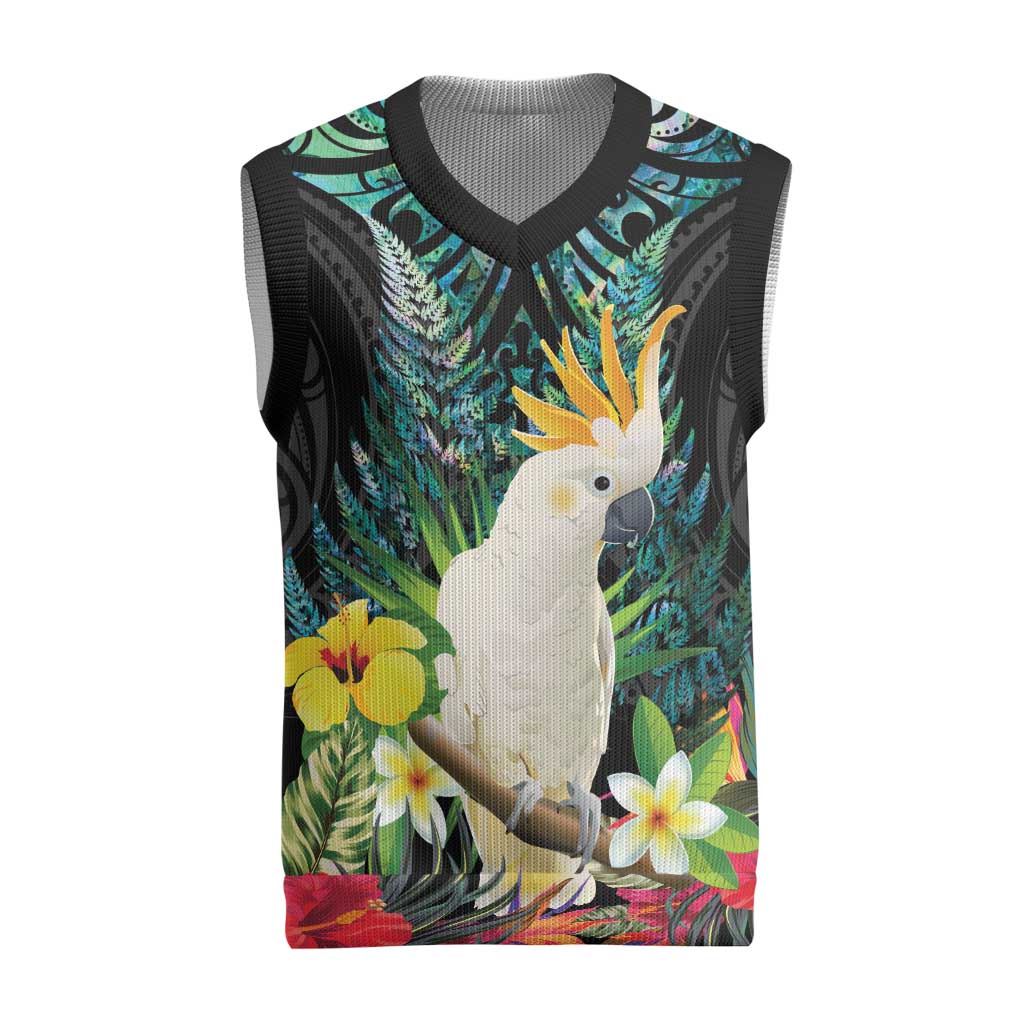 Sulphur-crested Cockatoo New Zealand Christmas Knitted V-Neck Vest Paua Shell Aotearoa Maori Tropical Flowers - Aussie Hoodie