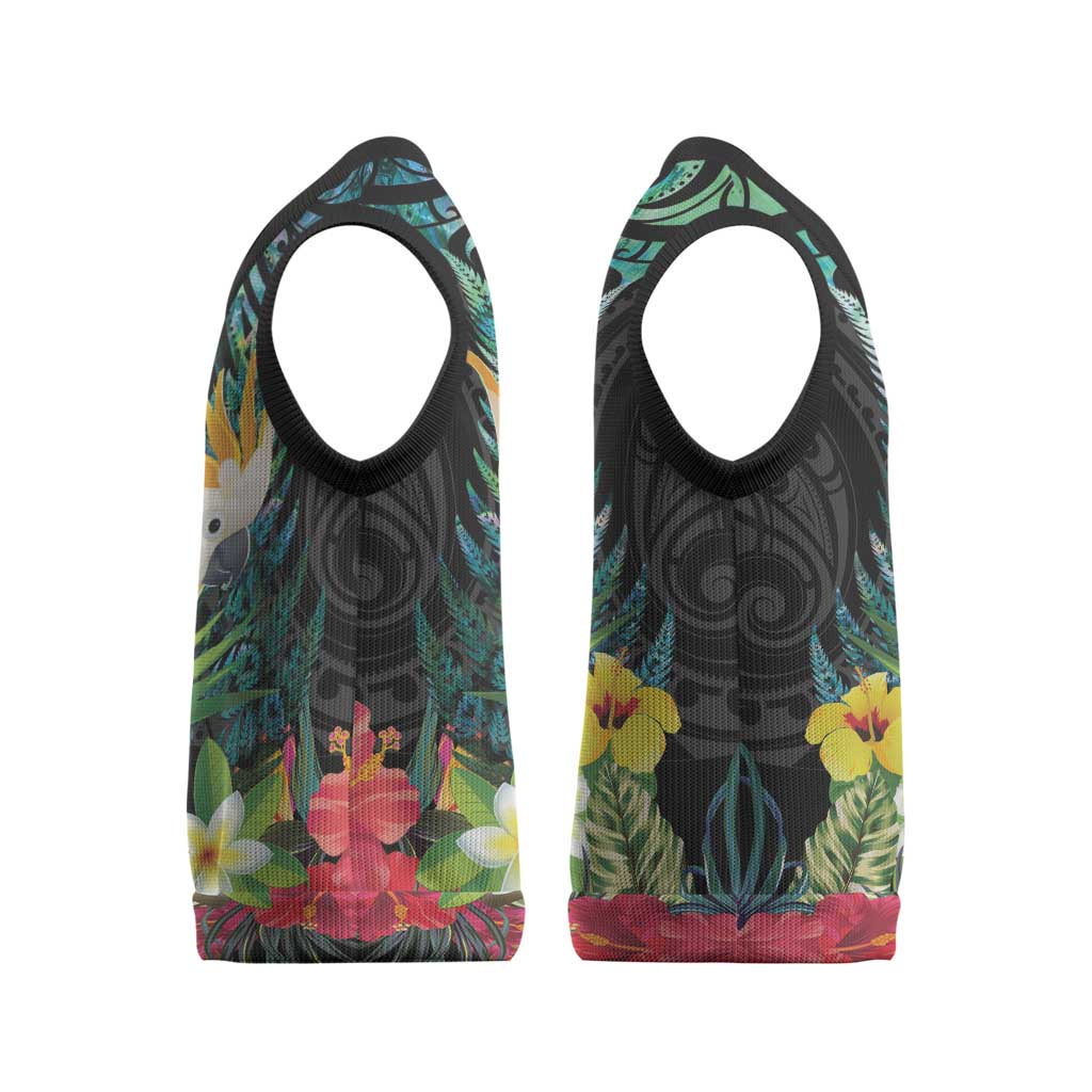 Sulphur-crested Cockatoo New Zealand Christmas Knitted V-Neck Vest Paua Shell Aotearoa Maori Tropical Flowers - Aussie Hoodie