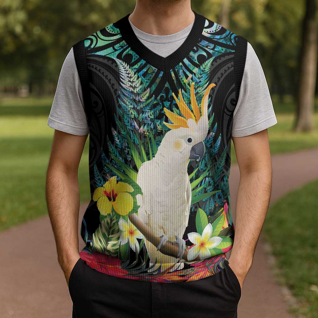 Sulphur-crested Cockatoo New Zealand Christmas Knitted V-Neck Vest Paua Shell Aotearoa Maori Tropical Flowers - Aussie Hoodie