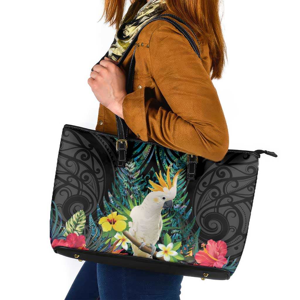 Sulphur-crested Cockatoo New Zealand Leather Tote Bag Paua Shell Aotearoa Maori Tropical Flowers - Aussie Hoodie