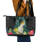 Sulphur-crested Cockatoo New Zealand Leather Tote Bag Paua Shell Aotearoa Maori Tropical Flowers - Aussie Hoodie