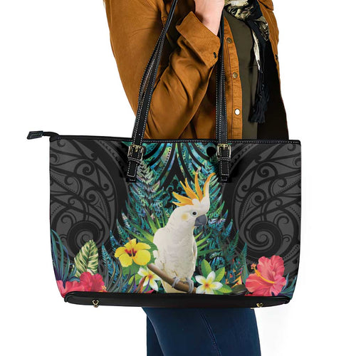 Sulphur-crested Cockatoo New Zealand Leather Tote Bag Paua Shell Aotearoa Maori Tropical Flowers - Aussie Hoodie