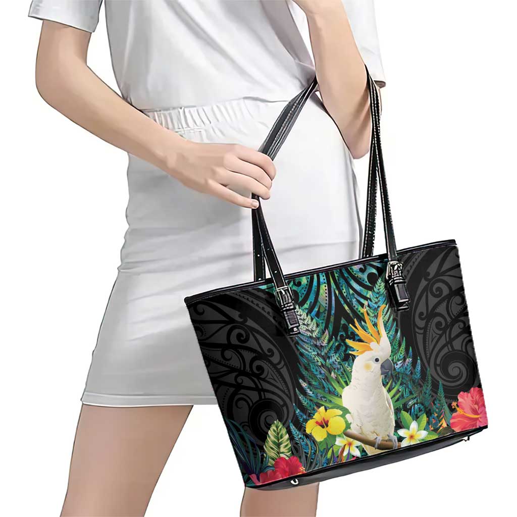 Sulphur-crested Cockatoo New Zealand Leather Tote Bag Paua Shell Aotearoa Maori Tropical Flowers - Aussie Hoodie