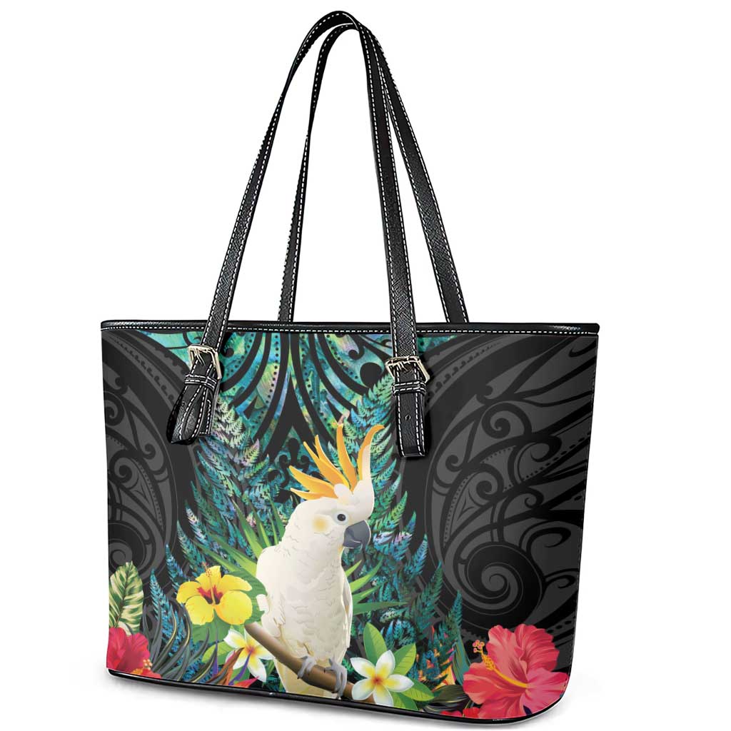 Sulphur-crested Cockatoo New Zealand Leather Tote Bag Paua Shell Aotearoa Maori Tropical Flowers - Aussie Hoodie