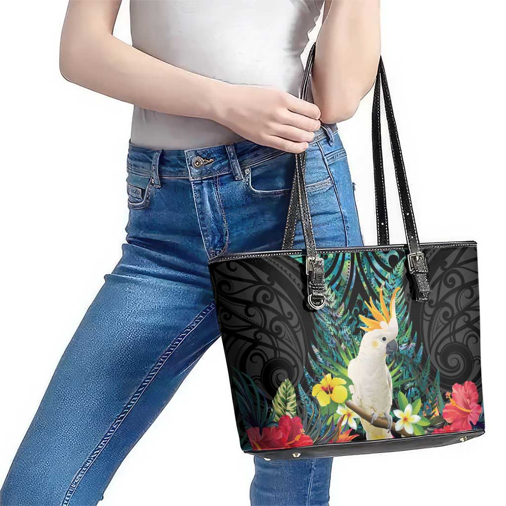 Sulphur-crested Cockatoo New Zealand Leather Tote Bag Paua Shell Aotearoa Maori Tropical Flowers - Aussie Hoodie