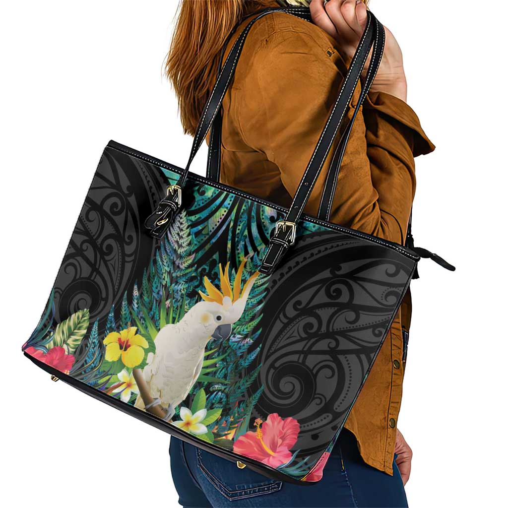 Sulphur-crested Cockatoo New Zealand Leather Tote Bag Paua Shell Aotearoa Maori Tropical Flowers - Aussie Hoodie