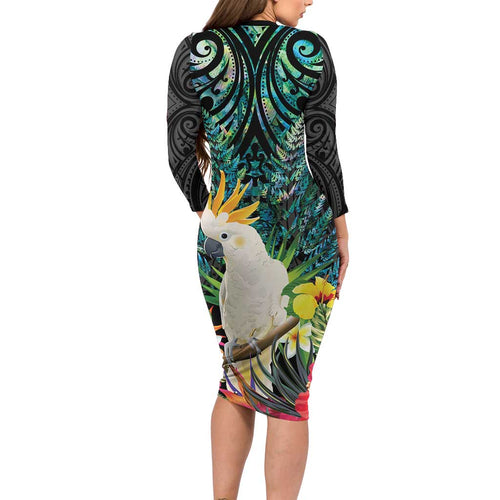 Sulphur-crested Cockatoo New Zealand Long Sleeve Bodycon Dress Paua Shell Aotearoa Maori Tropical Flowers - Aussie Hoodie