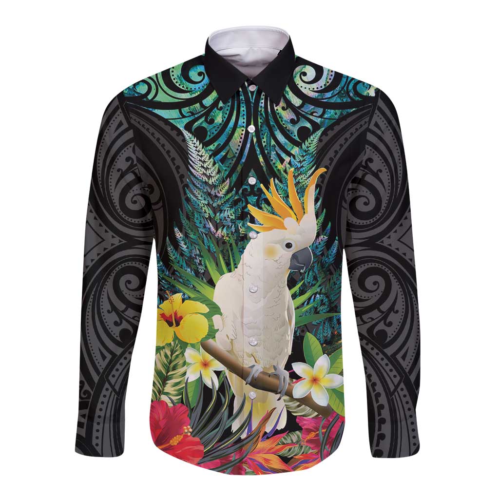 Sulphur-crested Cockatoo New Zealand Long Sleeve Button Shirt Paua Shell Aotearoa Maori Tropical Flowers - Aussie Hoodie