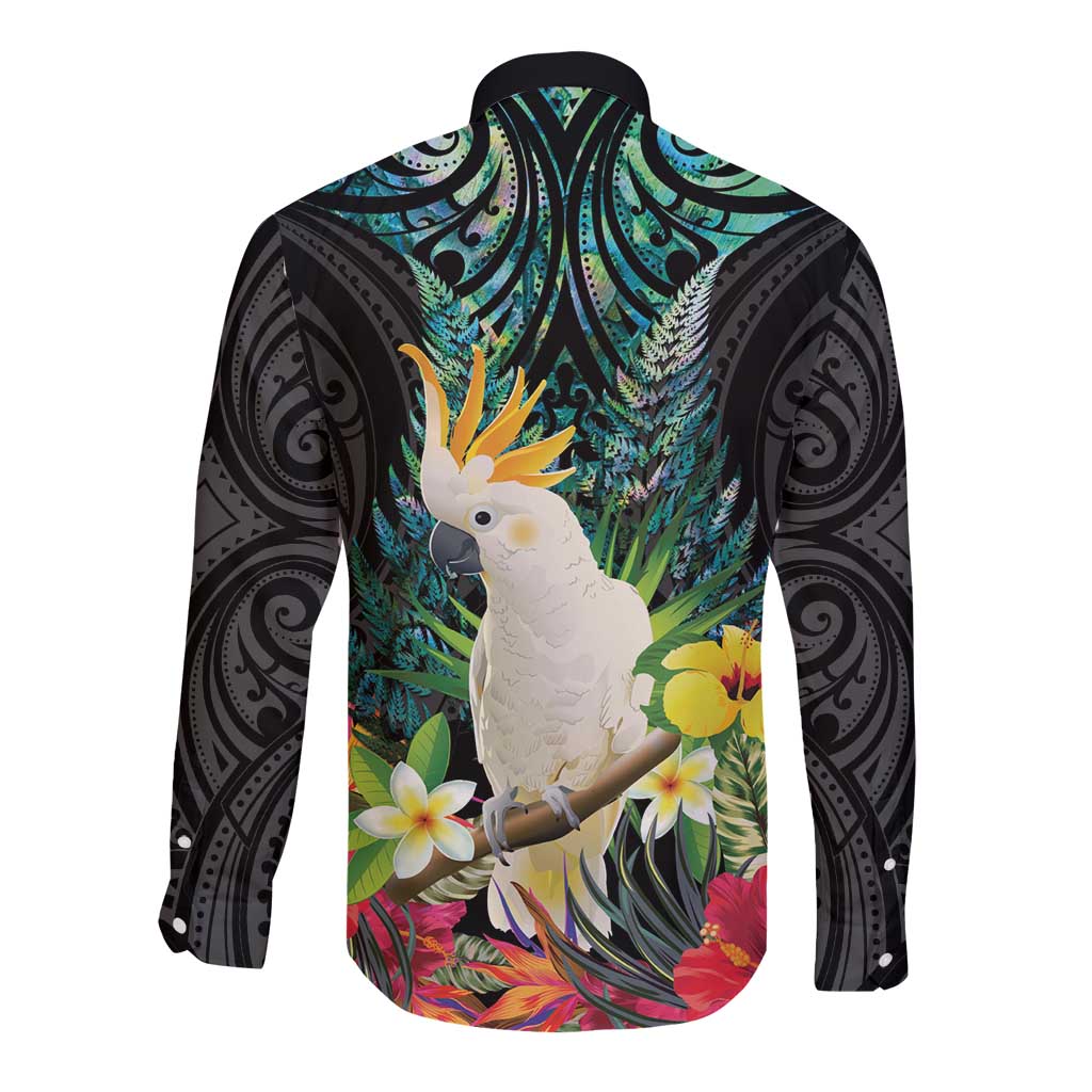 Sulphur-crested Cockatoo New Zealand Long Sleeve Button Shirt Paua Shell Aotearoa Maori Tropical Flowers - Aussie Hoodie