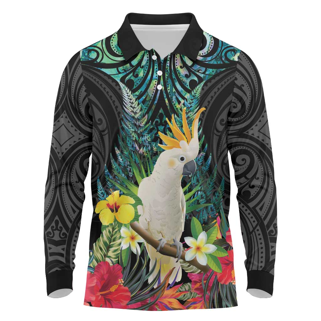 Sulphur-crested Cockatoo New Zealand Long Sleeve Polo Shirt Paua Shell Aotearoa Maori Tropical Flowers - Aussie Hoodie