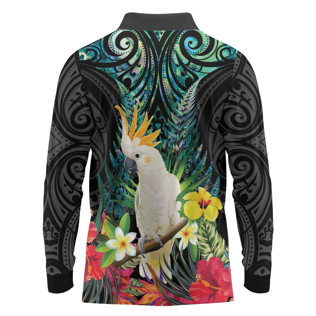 Sulphur-crested Cockatoo New Zealand Long Sleeve Polo Shirt Paua Shell Aotearoa Maori Tropical Flowers - Aussie Hoodie