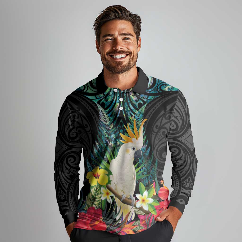Sulphur-crested Cockatoo New Zealand Long Sleeve Polo Shirt Paua Shell Aotearoa Maori Tropical Flowers - Aussie Hoodie