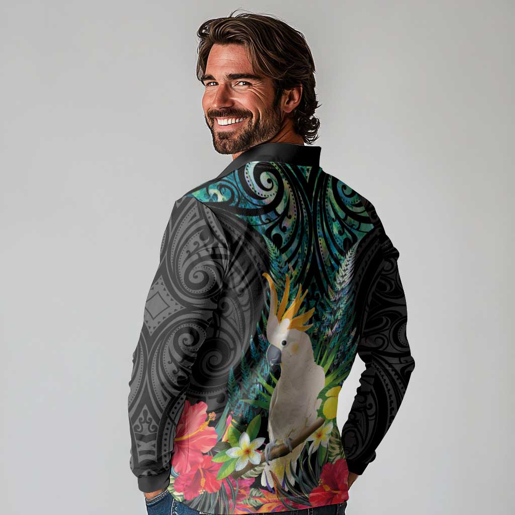 Sulphur-crested Cockatoo New Zealand Long Sleeve Polo Shirt Paua Shell Aotearoa Maori Tropical Flowers - Aussie Hoodie