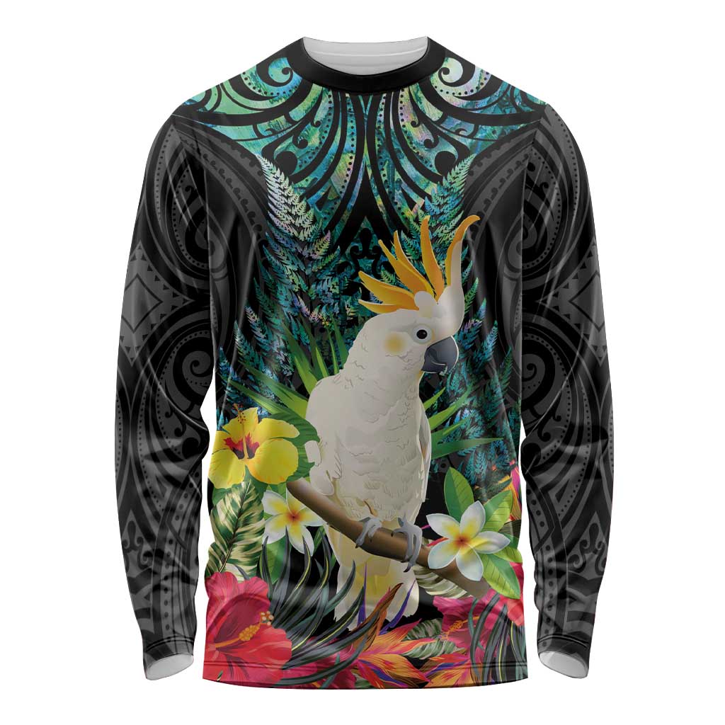 Sulphur-crested Cockatoo New Zealand Long Sleeve Shirt Paua Shell Aotearoa Maori Tropical Flowers - Aussie Hoodie