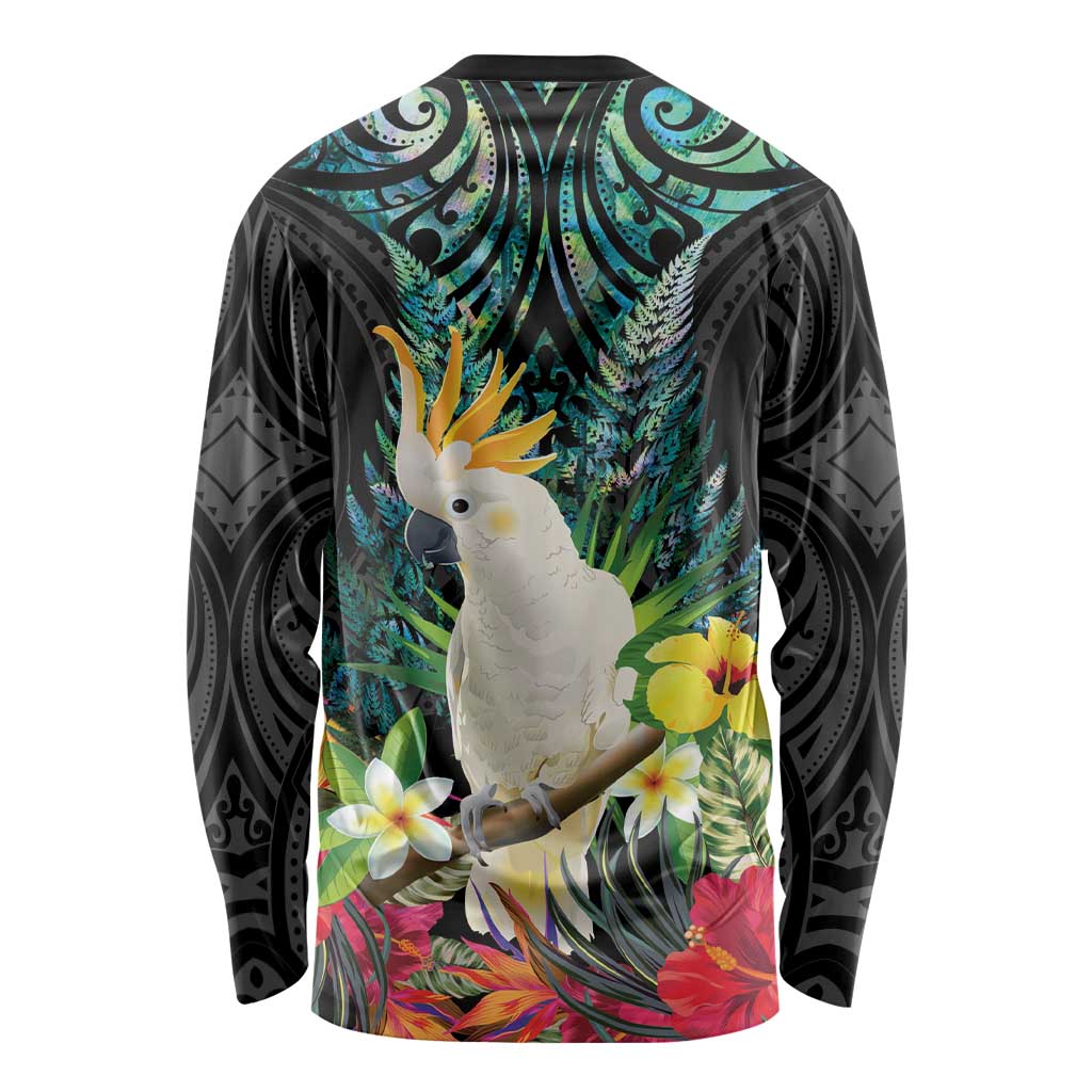 Sulphur-crested Cockatoo New Zealand Long Sleeve Shirt Paua Shell Aotearoa Maori Tropical Flowers - Aussie Hoodie