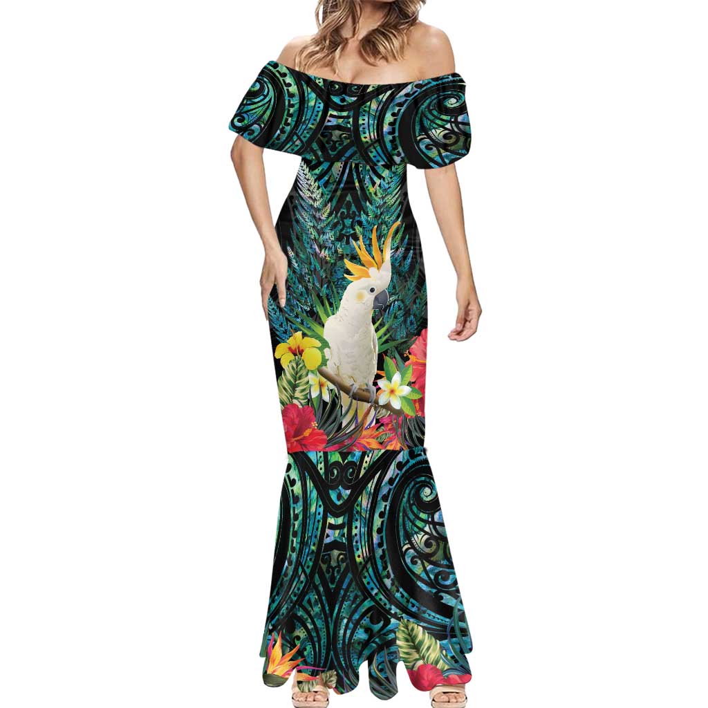 Sulphur-crested Cockatoo New Zealand Mermaid Dress Paua Shell Aotearoa Maori Tropical Flowers - Aussie Hoodie