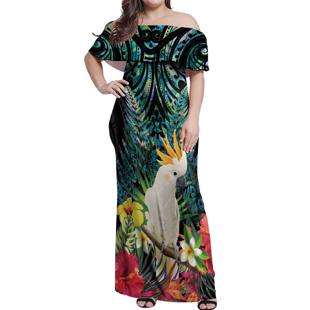 Sulphur-crested Cockatoo New Zealand Off Shoulder Maxi Dress Paua Shell Aotearoa Maori Tropical Flowers - Aussie Hoodie