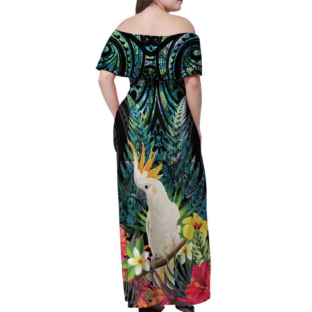 Sulphur-crested Cockatoo New Zealand Off Shoulder Maxi Dress Paua Shell Aotearoa Maori Tropical Flowers - Aussie Hoodie