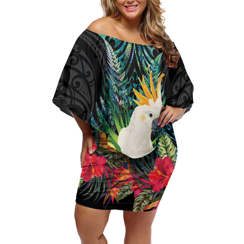 Sulphur-crested Cockatoo New Zealand Off Shoulder Short Dress Paua Shell Aotearoa Maori Tropical Flowers - Aussie Hoodie