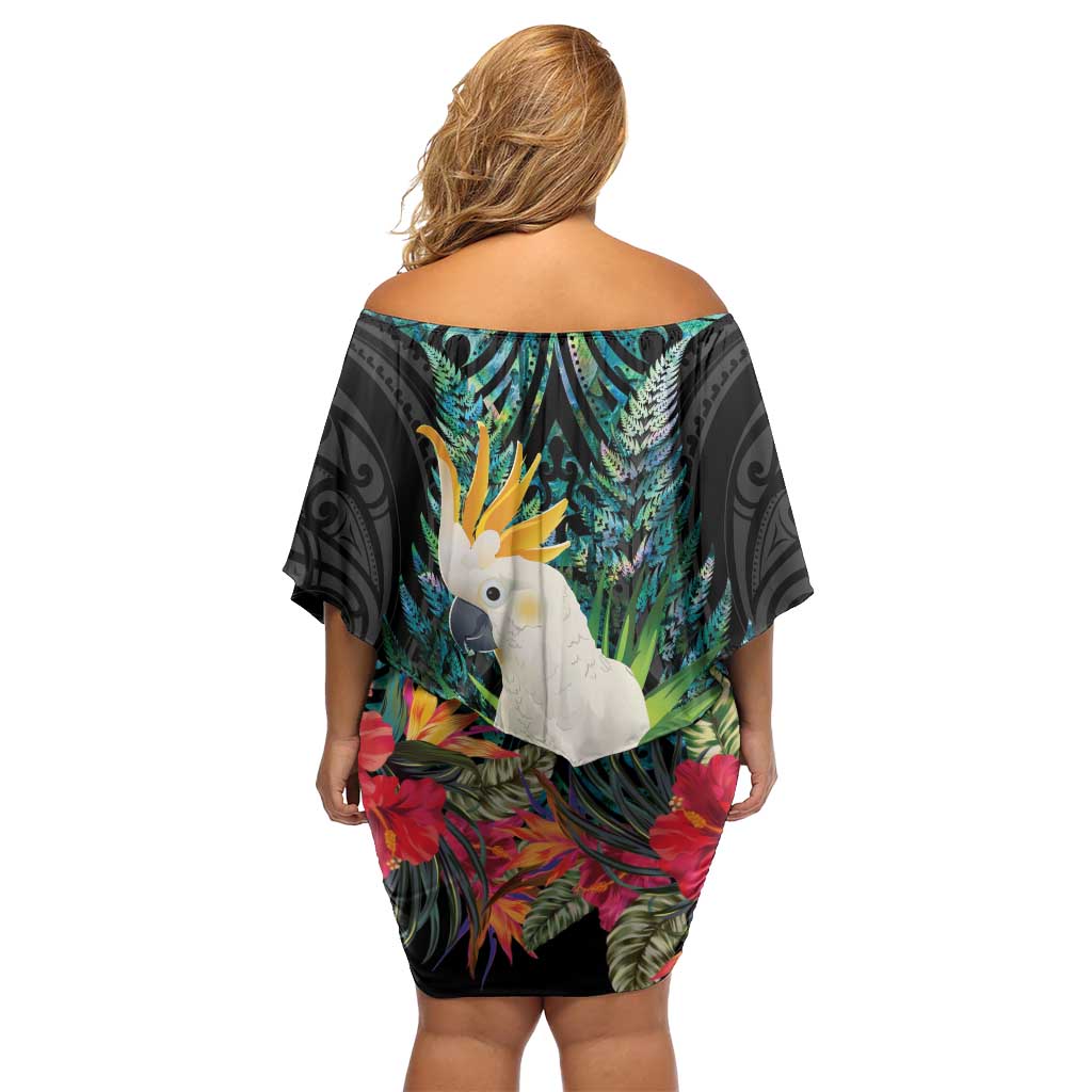 Sulphur-crested Cockatoo New Zealand Off Shoulder Short Dress Paua Shell Aotearoa Maori Tropical Flowers - Aussie Hoodie