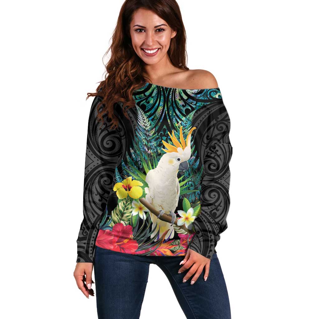 Sulphur-crested Cockatoo New Zealand Off Shoulder Sweater Paua Shell Aotearoa Maori Tropical Flowers - Aussie Hoodie