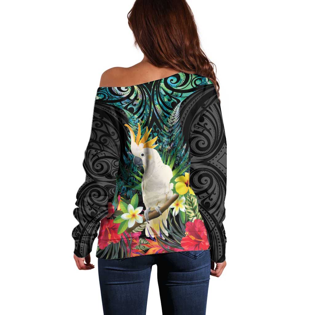 Sulphur-crested Cockatoo New Zealand Off Shoulder Sweater Paua Shell Aotearoa Maori Tropical Flowers - Aussie Hoodie