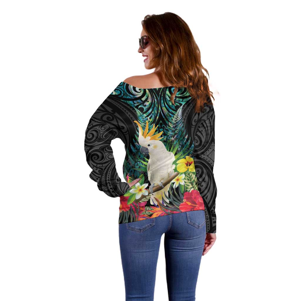 Sulphur-crested Cockatoo New Zealand Off Shoulder Sweater Paua Shell Aotearoa Maori Tropical Flowers - Aussie Hoodie