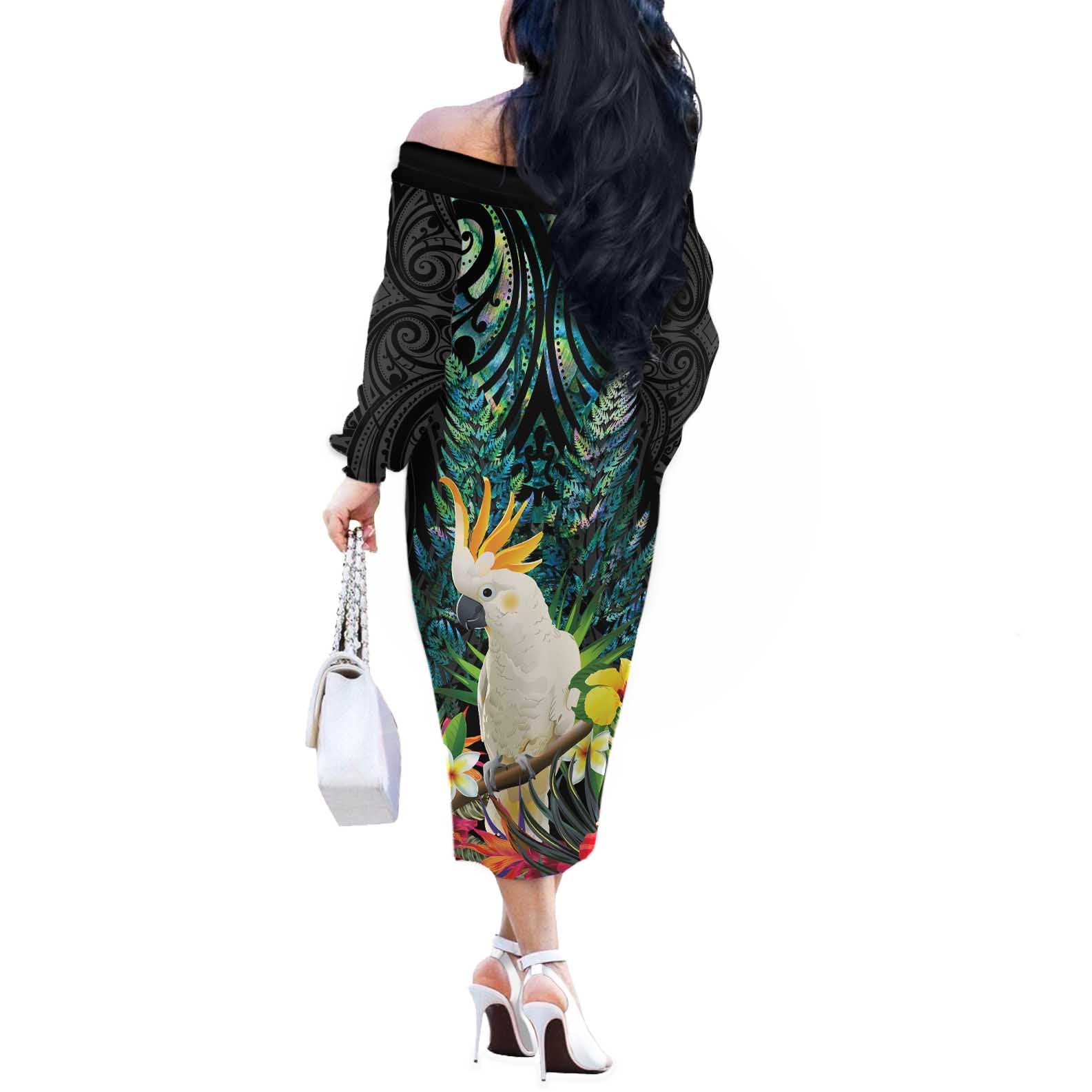 Sulphur-crested Cockatoo New Zealand Off The Shoulder Long Sleeve Dress Paua Shell Aotearoa Maori Tropical Flowers - Aussie Hoodie