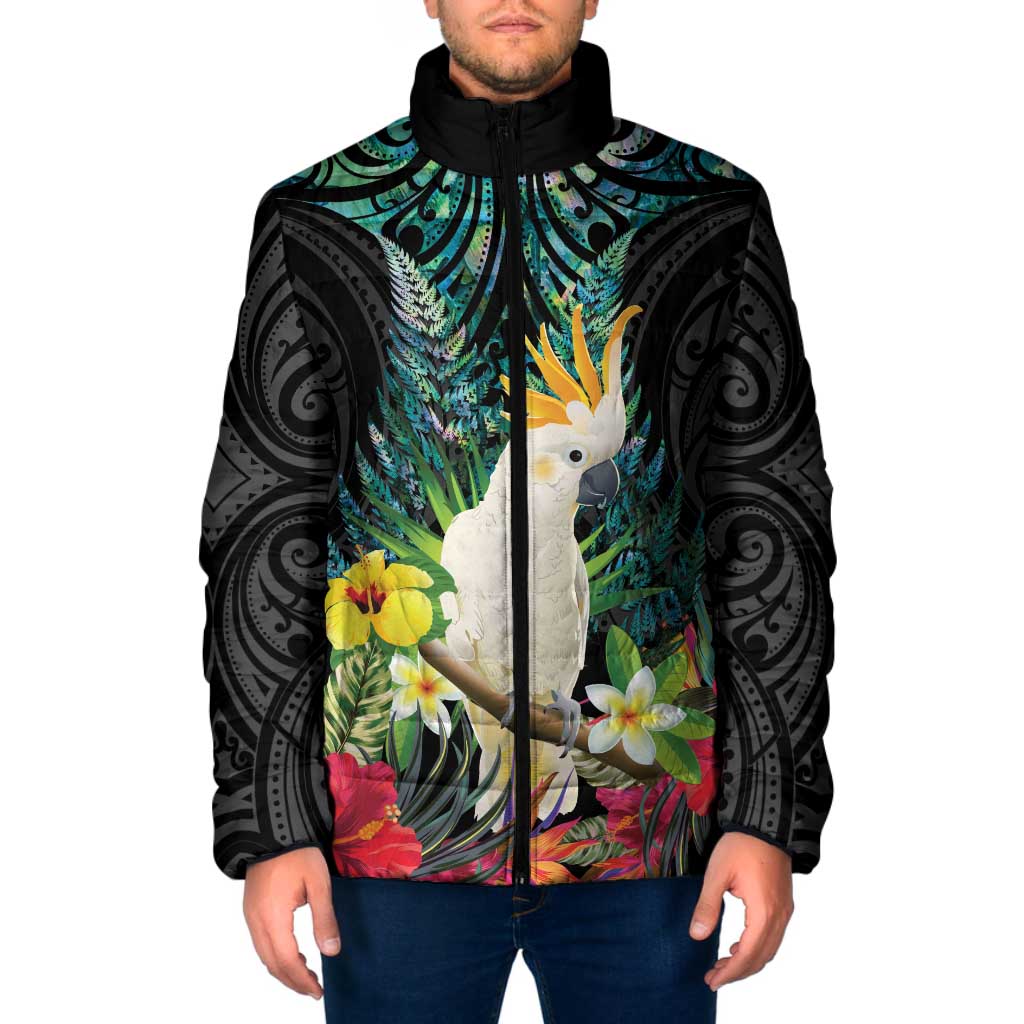 Sulphur-crested Cockatoo New Zealand Padded Jacket Paua Shell Aotearoa Maori Tropical Flowers - Aussie Hoodie