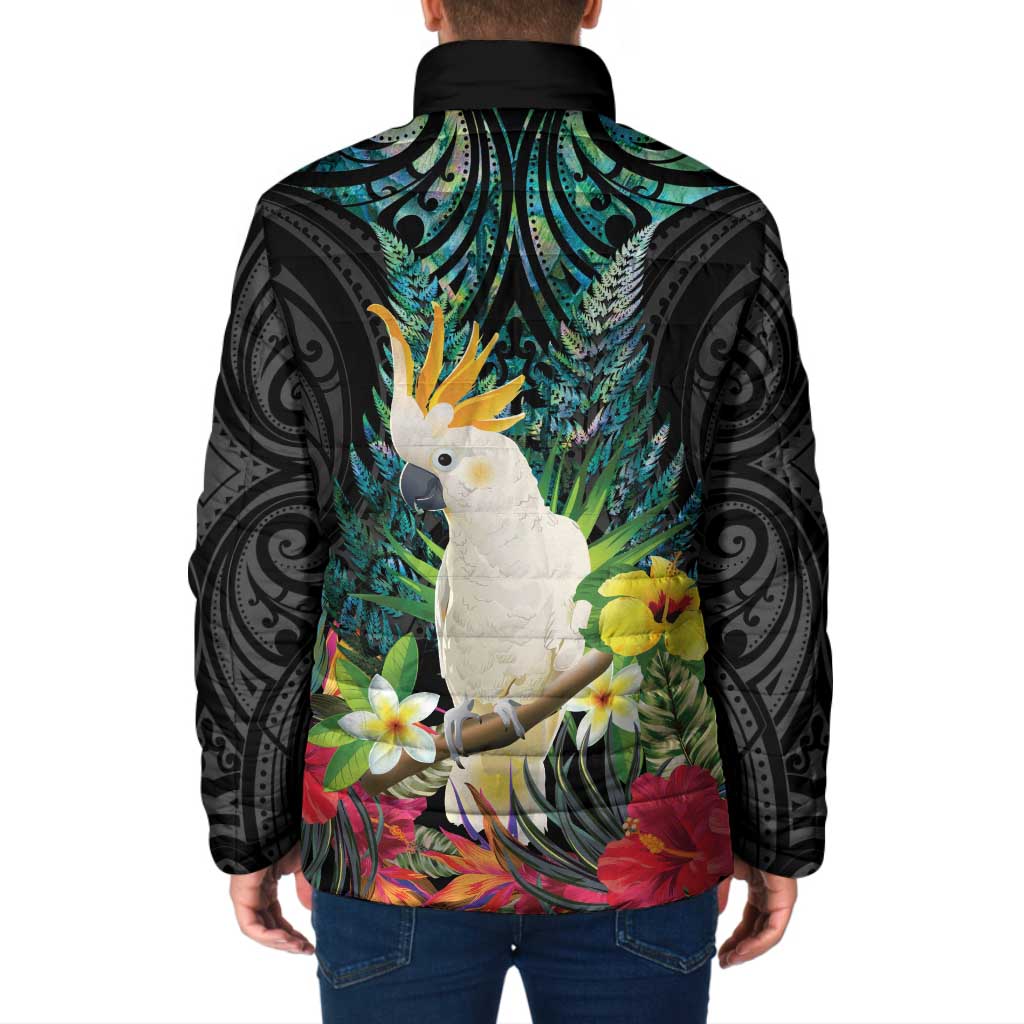 Sulphur-crested Cockatoo New Zealand Padded Jacket Paua Shell Aotearoa Maori Tropical Flowers - Aussie Hoodie