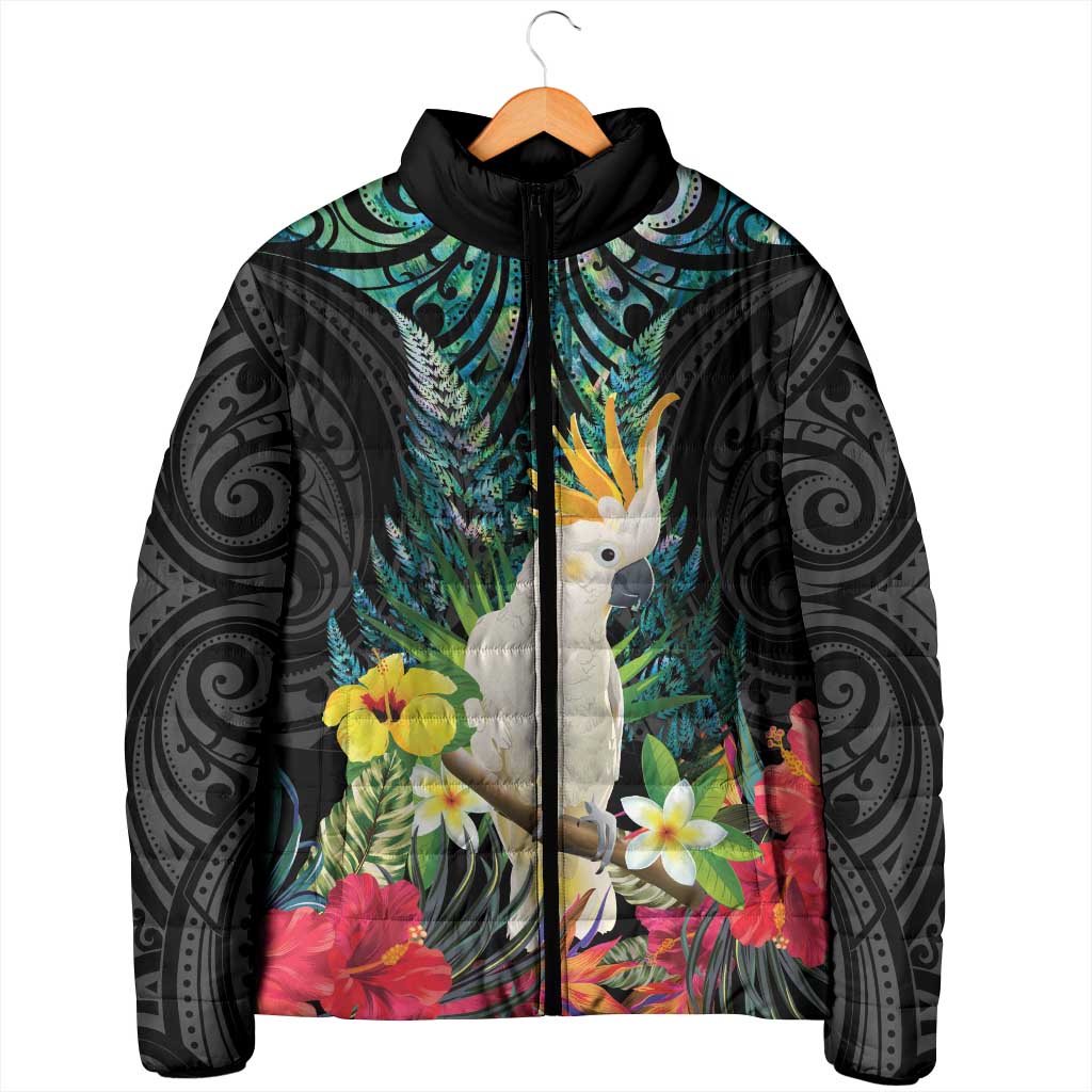 Sulphur-crested Cockatoo New Zealand Padded Jacket Paua Shell Aotearoa Maori Tropical Flowers - Aussie Hoodie