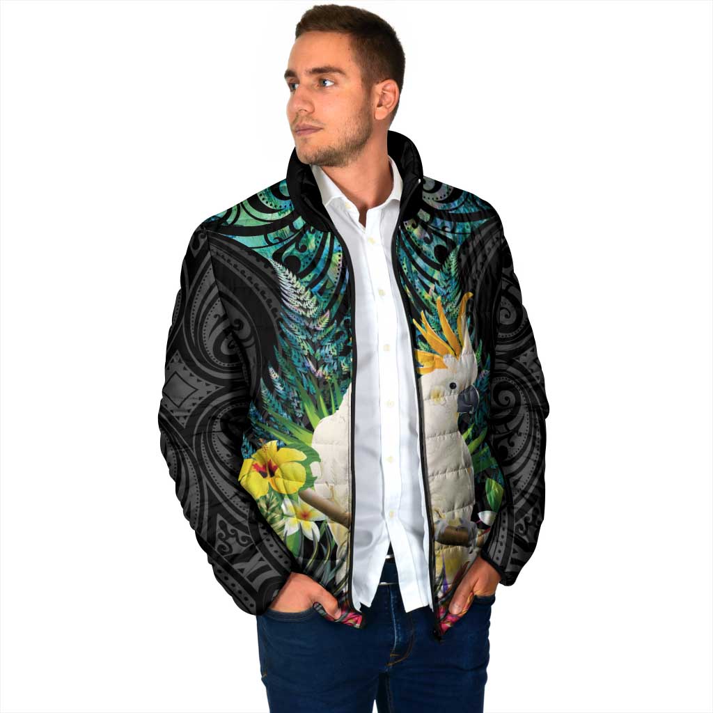 Sulphur-crested Cockatoo New Zealand Padded Jacket Paua Shell Aotearoa Maori Tropical Flowers - Aussie Hoodie