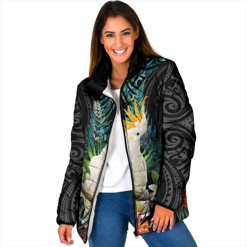 Sulphur-crested Cockatoo New Zealand Padded Jacket Paua Shell Aotearoa Maori Tropical Flowers - Aussie Hoodie
