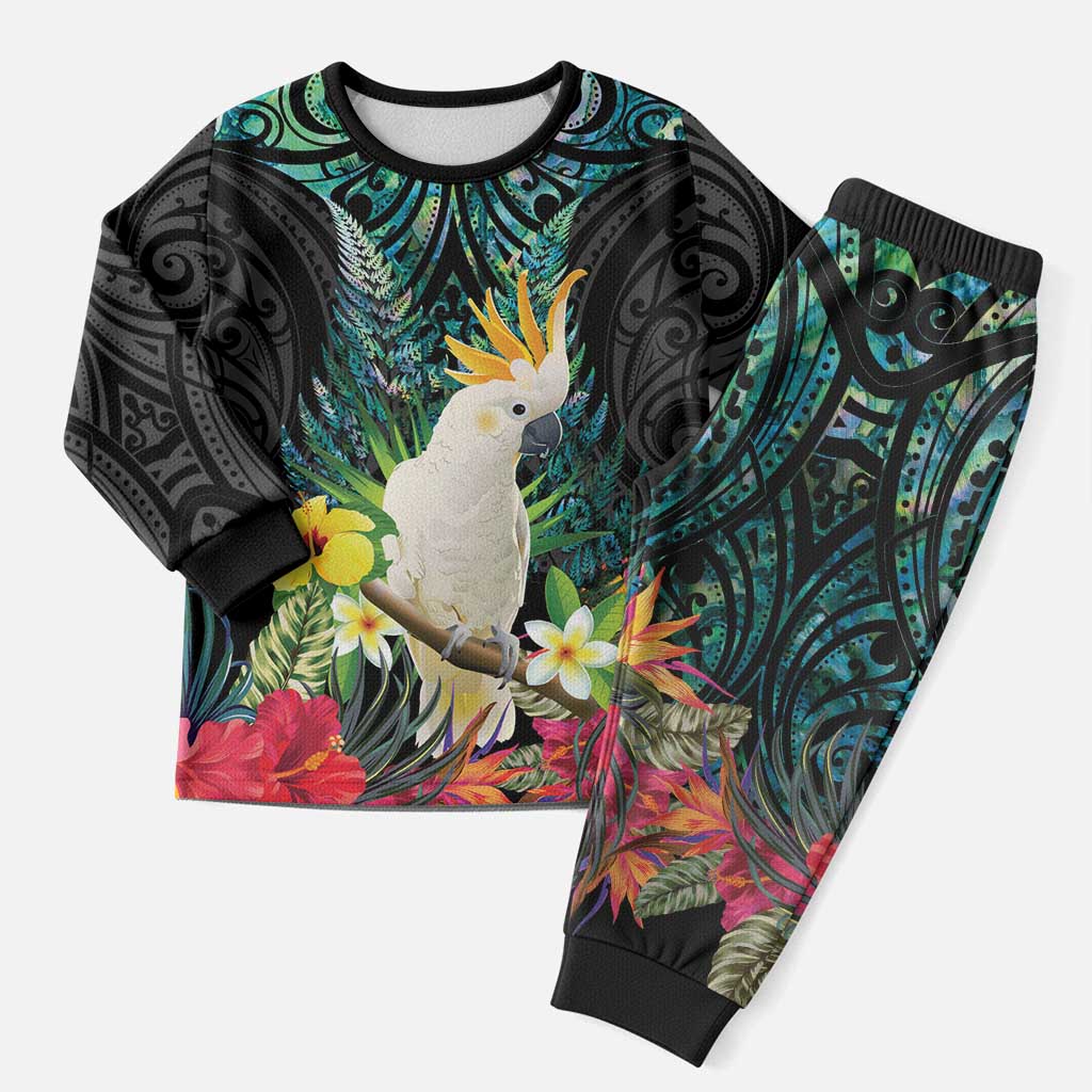 Sulphur-crested Cockatoo New Zealand Christmas Pajama Set Paua Shell Aotearoa Maori Tropical Flowers - Aussie Hoodie