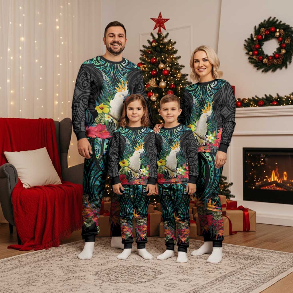 Sulphur-crested Cockatoo New Zealand Christmas Pajama Set Paua Shell Aotearoa Maori Tropical Flowers - Aussie Hoodie