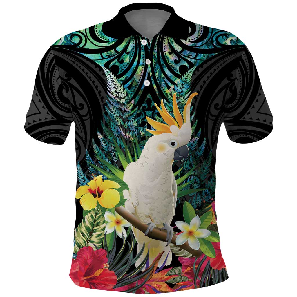 Sulphur-crested Cockatoo New Zealand Polo Shirt Paua Shell Aotearoa Maori Tropical Flowers - Aussie Hoodie