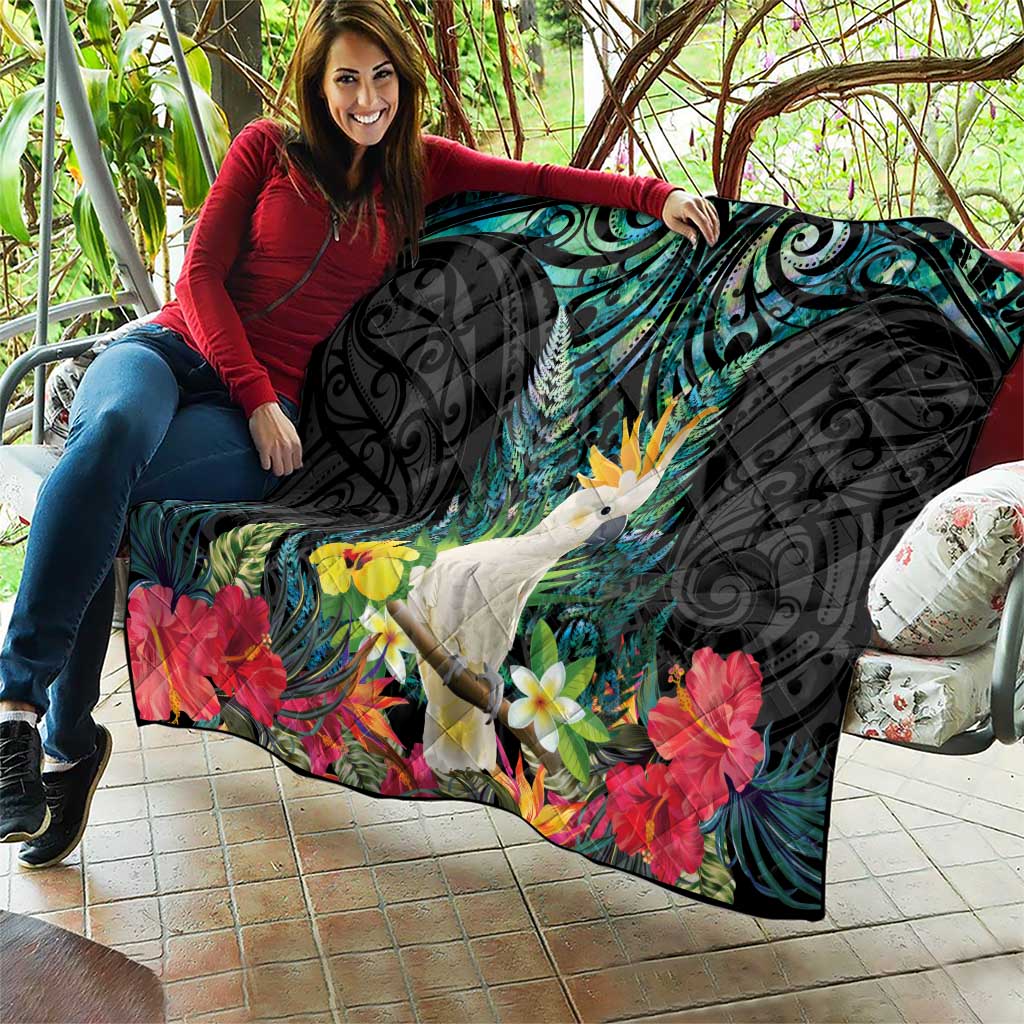 Sulphur-crested Cockatoo New Zealand Quilt Paua Shell Aotearoa Maori Tropical Flowers - Aussie Hoodie