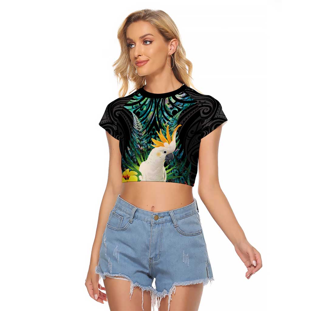 Sulphur-crested Cockatoo New Zealand Raglan Cropped T Shirt Paua Shell Aotearoa Maori Tropical Flowers - Aussie Hoodie