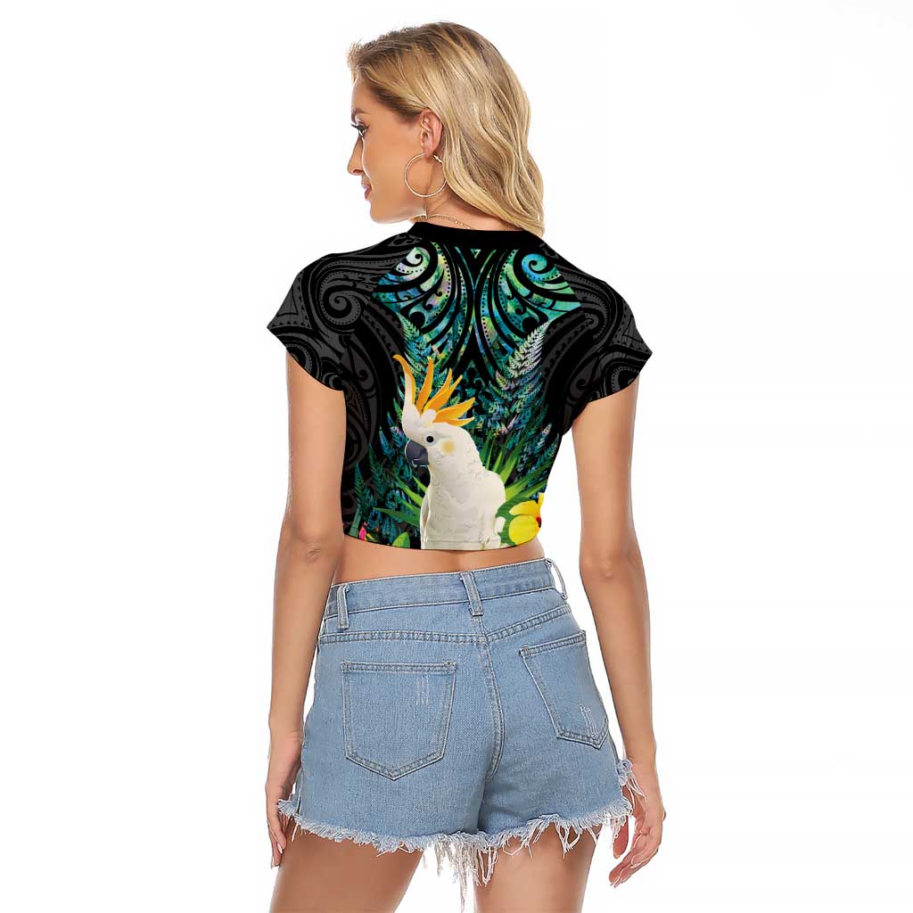 Sulphur-crested Cockatoo New Zealand Raglan Cropped T Shirt Paua Shell Aotearoa Maori Tropical Flowers - Aussie Hoodie