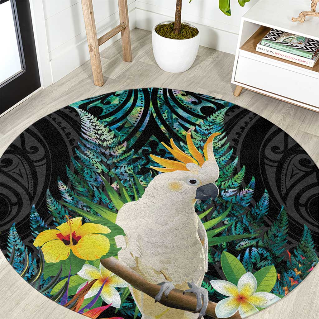 Sulphur-crested Cockatoo New Zealand Round Carpet Paua Shell Aotearoa Maori Tropical Flowers - Aussie Hoodie