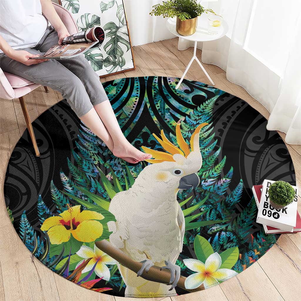 Sulphur-crested Cockatoo New Zealand Round Carpet Paua Shell Aotearoa Maori Tropical Flowers - Aussie Hoodie