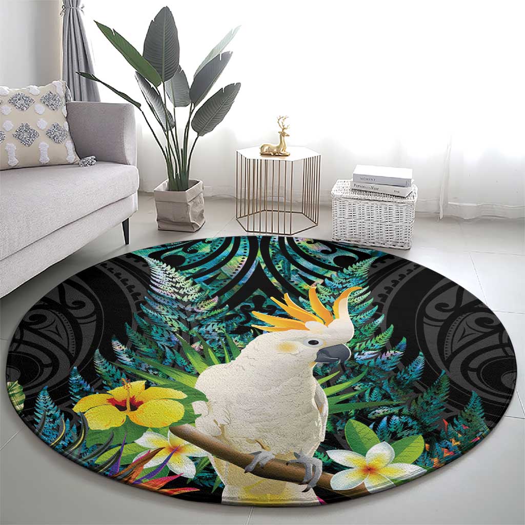 Sulphur-crested Cockatoo New Zealand Round Carpet Paua Shell Aotearoa Maori Tropical Flowers - Aussie Hoodie