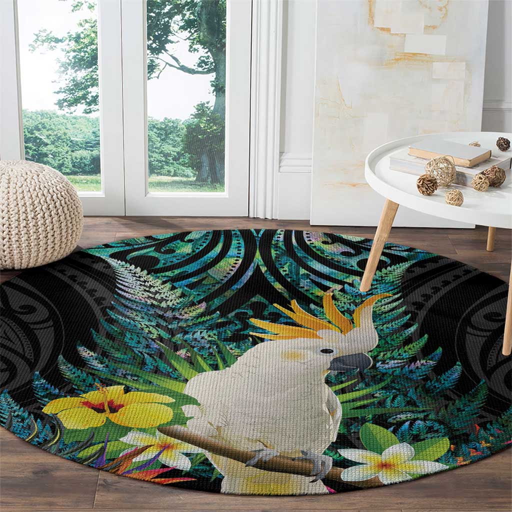 Sulphur-crested Cockatoo New Zealand Round Carpet Paua Shell Aotearoa Maori Tropical Flowers - Aussie Hoodie