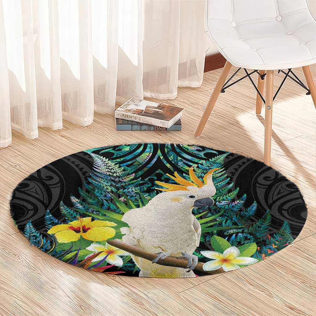 Sulphur-crested Cockatoo New Zealand Round Carpet Paua Shell Aotearoa Maori Tropical Flowers - Aussie Hoodie